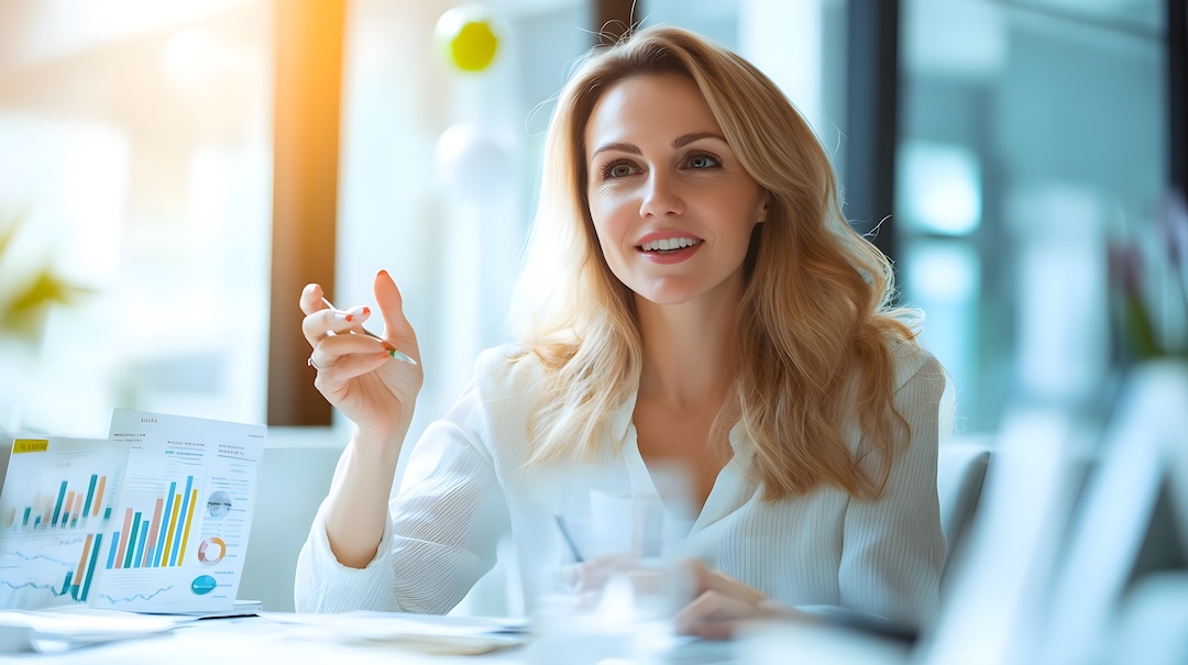 The image shows a young businesswoman in a white blouse sitting at a desk in a modern office. She is looking off to the side and smiling, holding a pen in her hand, and gesturing with the other hand as if she is in the middle of a conversation. There are charts and graphs in the foreground, suggesting she is discussing data analysis or financial reports. The background is blurred, showing a bright and airy office space. The overall composition creates a sense of professionalism, intelligence, and confidence.