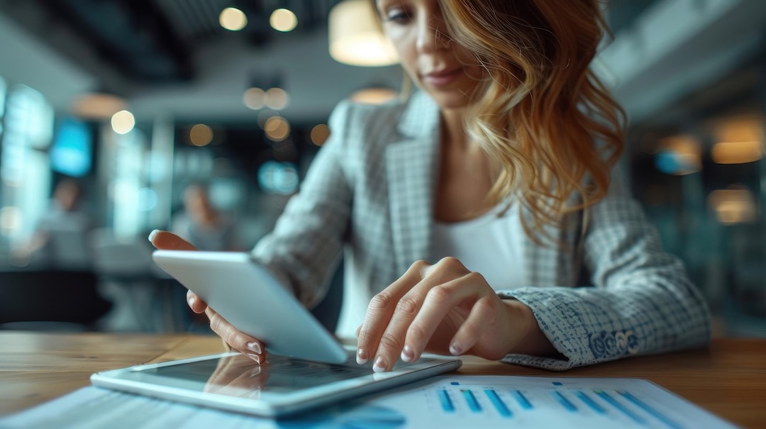 A businesswoman using a digital tablet in a boardroom