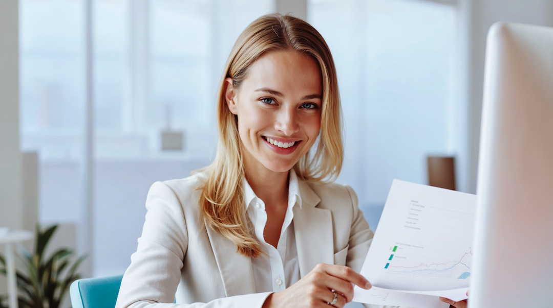 smiling-businesswoman-analyzing-financial-reports
